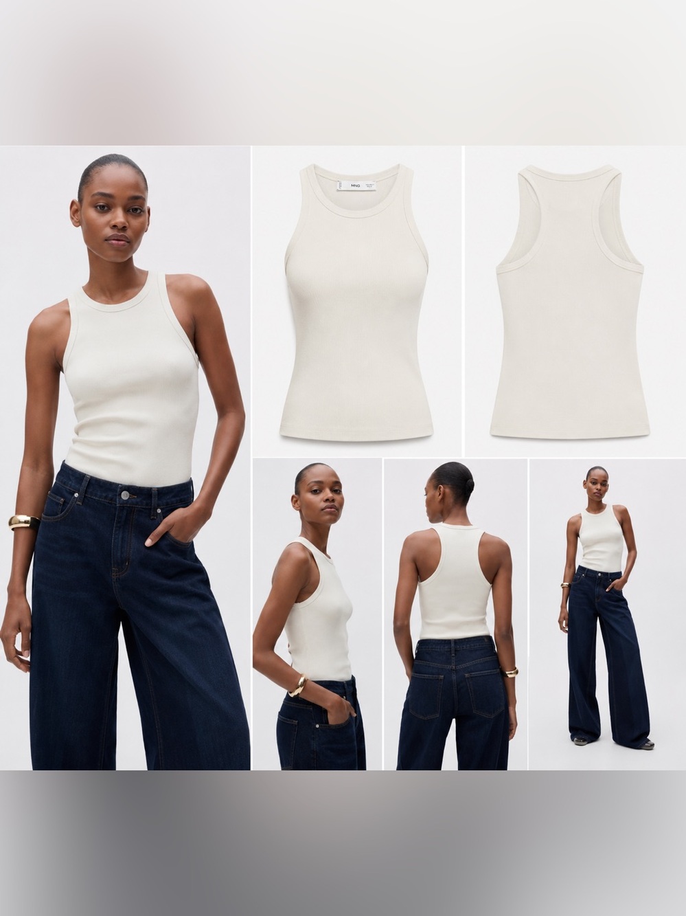 MANGO Ivory Ribbed Sleeveless Knit Top Size Large Minimal Chic